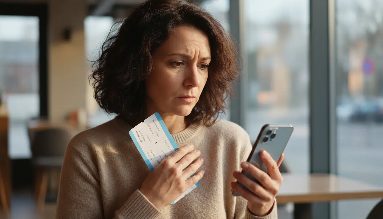 Femme inquiète tenant un billet d'avion