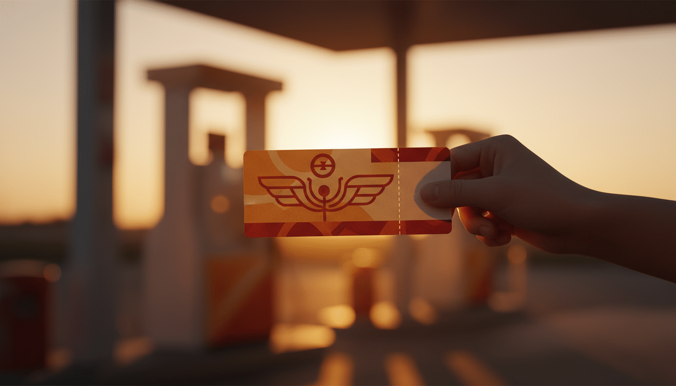 Main tenant un billet avec pompe à carburant floutée