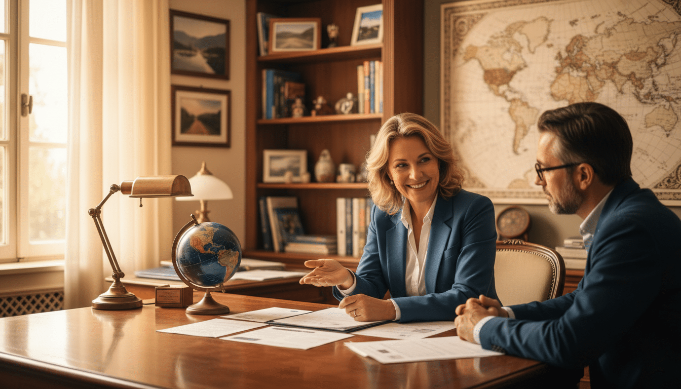 Agent de voyage montrant des documents à un client