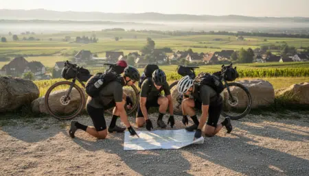 Trois cyclistes consultent une carte papier en Alsace