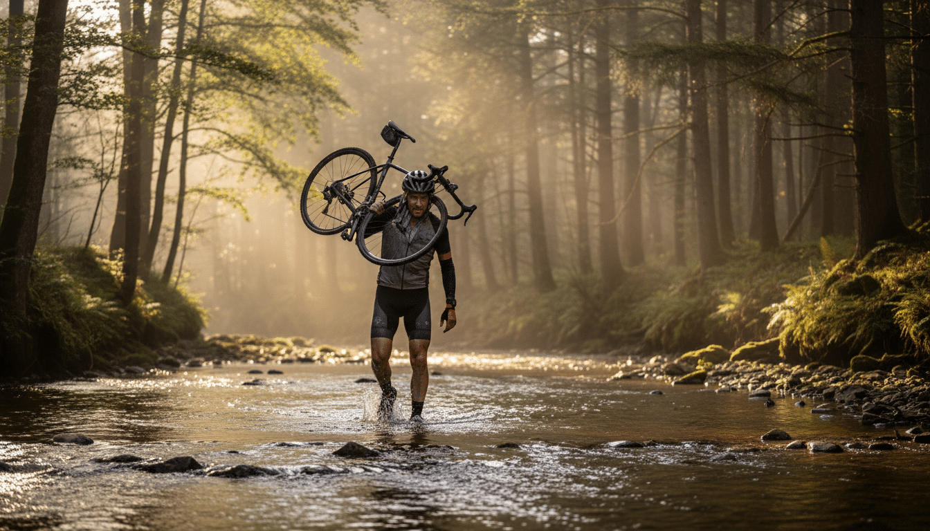 Un cycliste traverse une rivière à pied avec son vélo