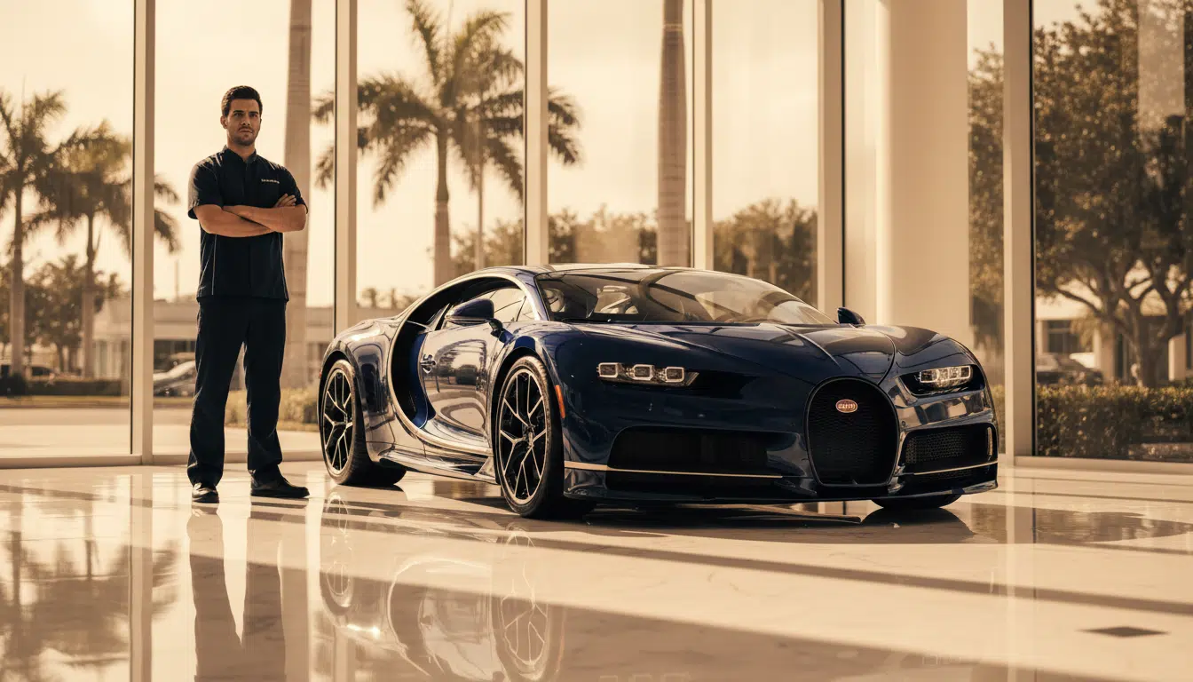 Showroom Bugatti Miami avec hypercar et mécanicien