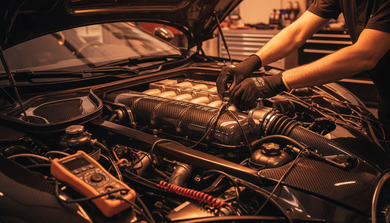 Mécanicien travaillant sur le moteur d'une Bugatti