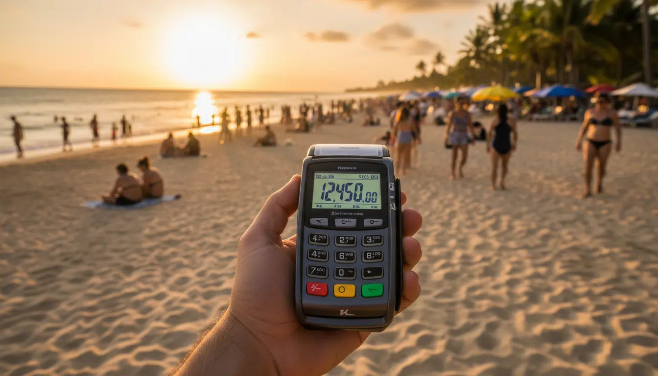 Terminal de paiement tenu sur une plage brésilienne