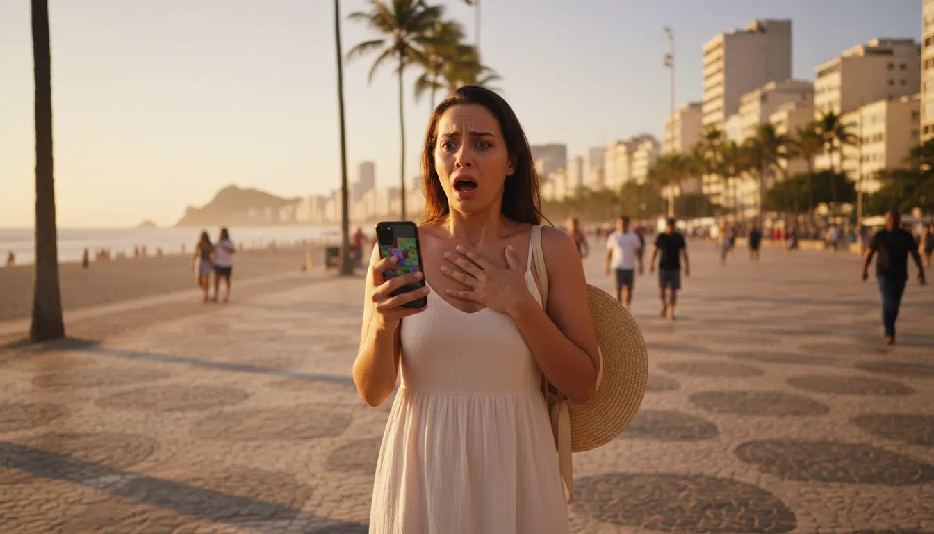 Touriste choquée consultant son téléphone à Rio de Janeiro