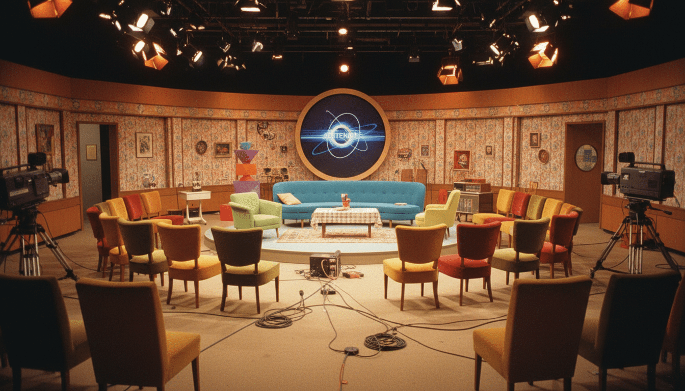 Plateau de tournage rétro d'une émission de télévision française des années 2000, évoquant l'univers d'Un gars, une fille