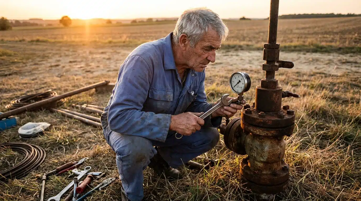 Ingénieur retraité inspectant un puits de pétrole artisanal