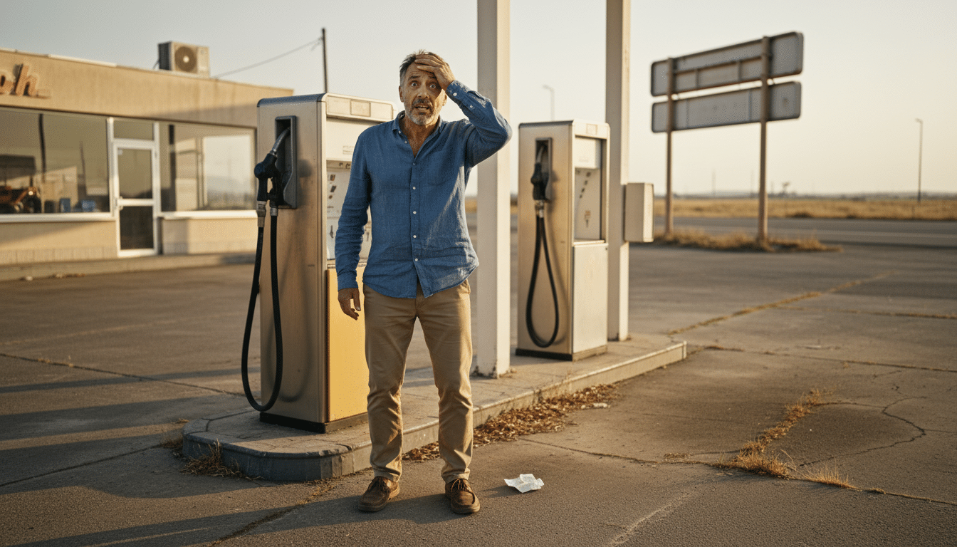 Automobiliste dépité devant une pompe vide en France