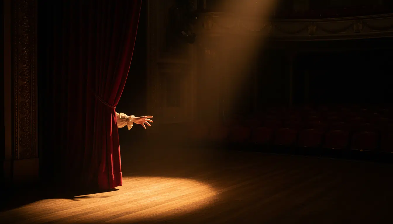 Rideau de théâtre avec une main en coulisses