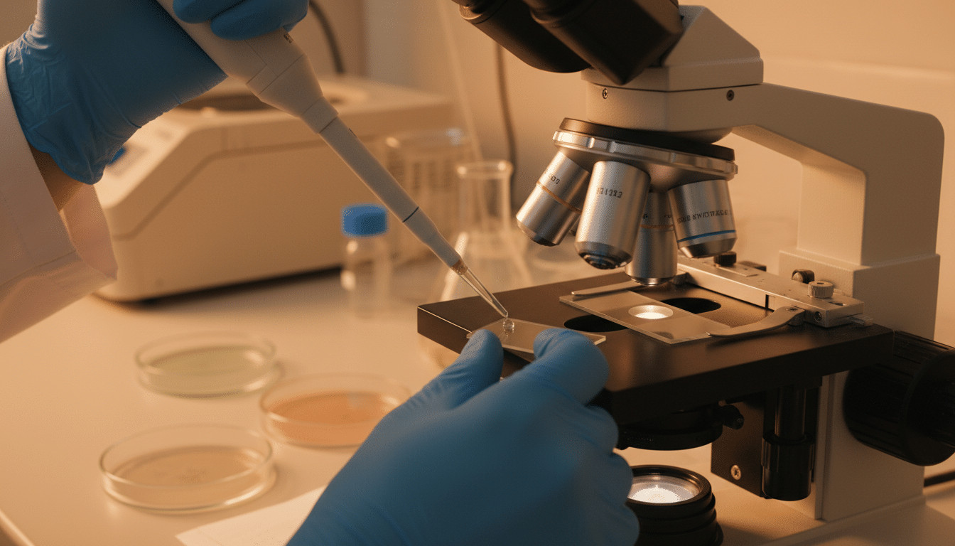 Scientifique manipulant un échantillon au microscope en laboratoire