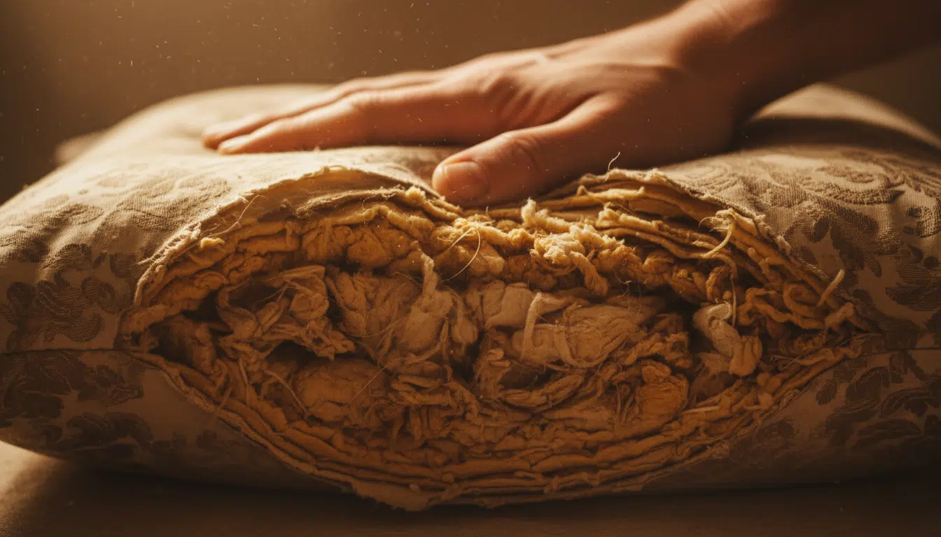 Intérieur d'un oreiller usé avec poussières et taches