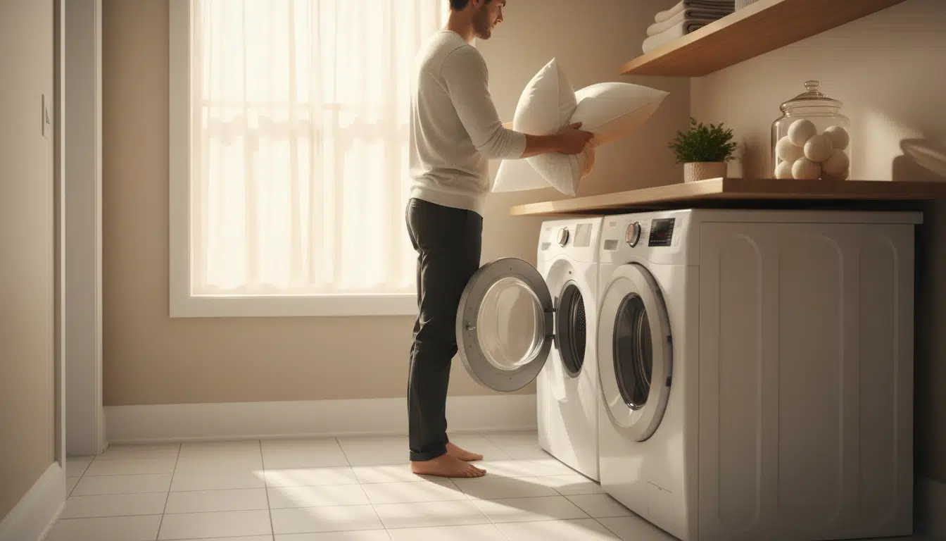 Oreillers placés dans une machine à laver pour nettoyage