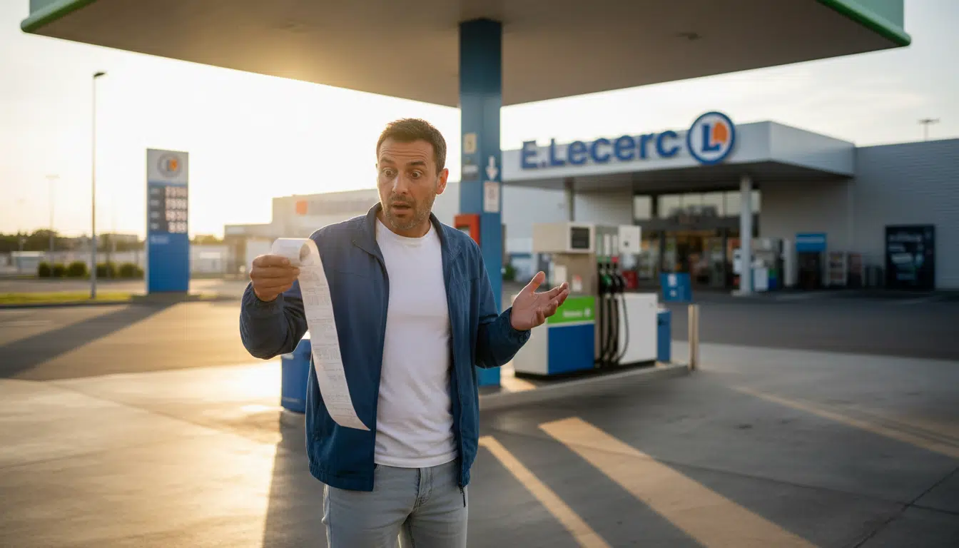 Client dans une station-service Leclerc découvrant son ticket