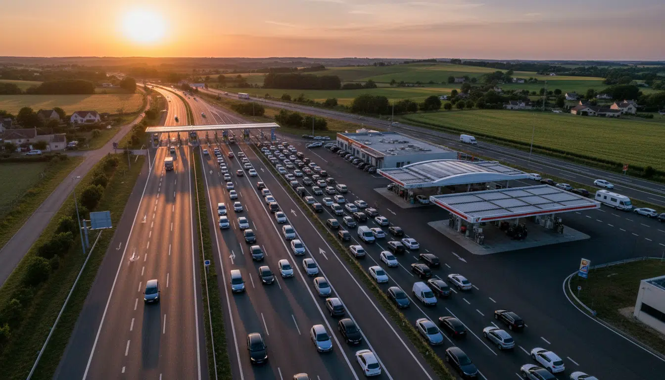 File de voitures dans une station-service sur autoroute française