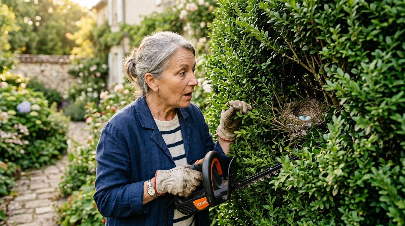 Jardinier découvrant un nid d'oiseau dans sa haie