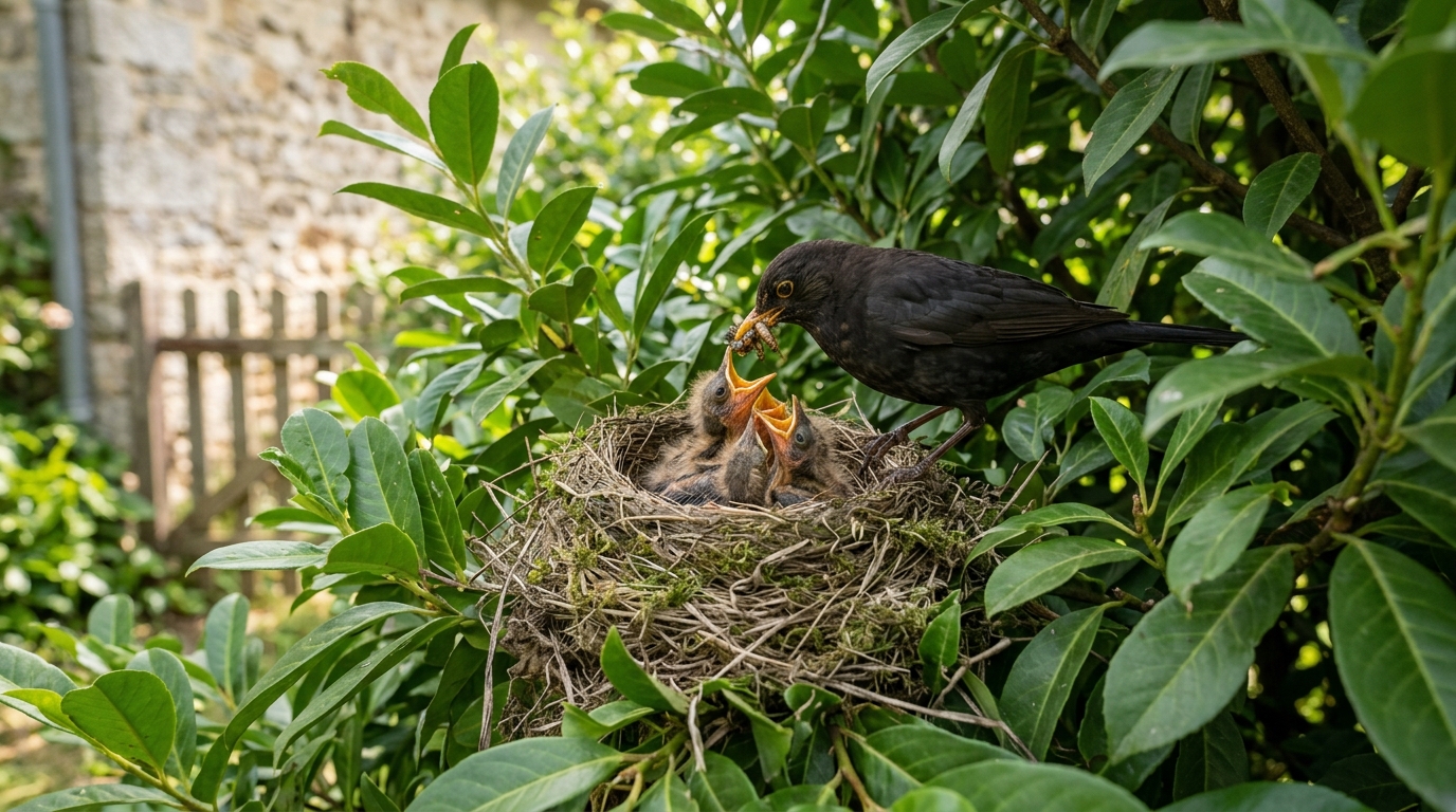 Merle nourrissant ses oisillons dans une haie de laurier