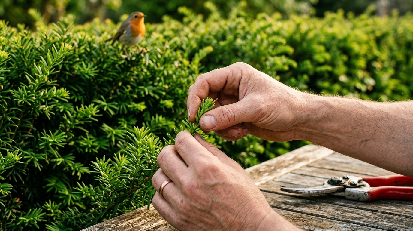 Pincement manuel d'une pousse de haie au printemps