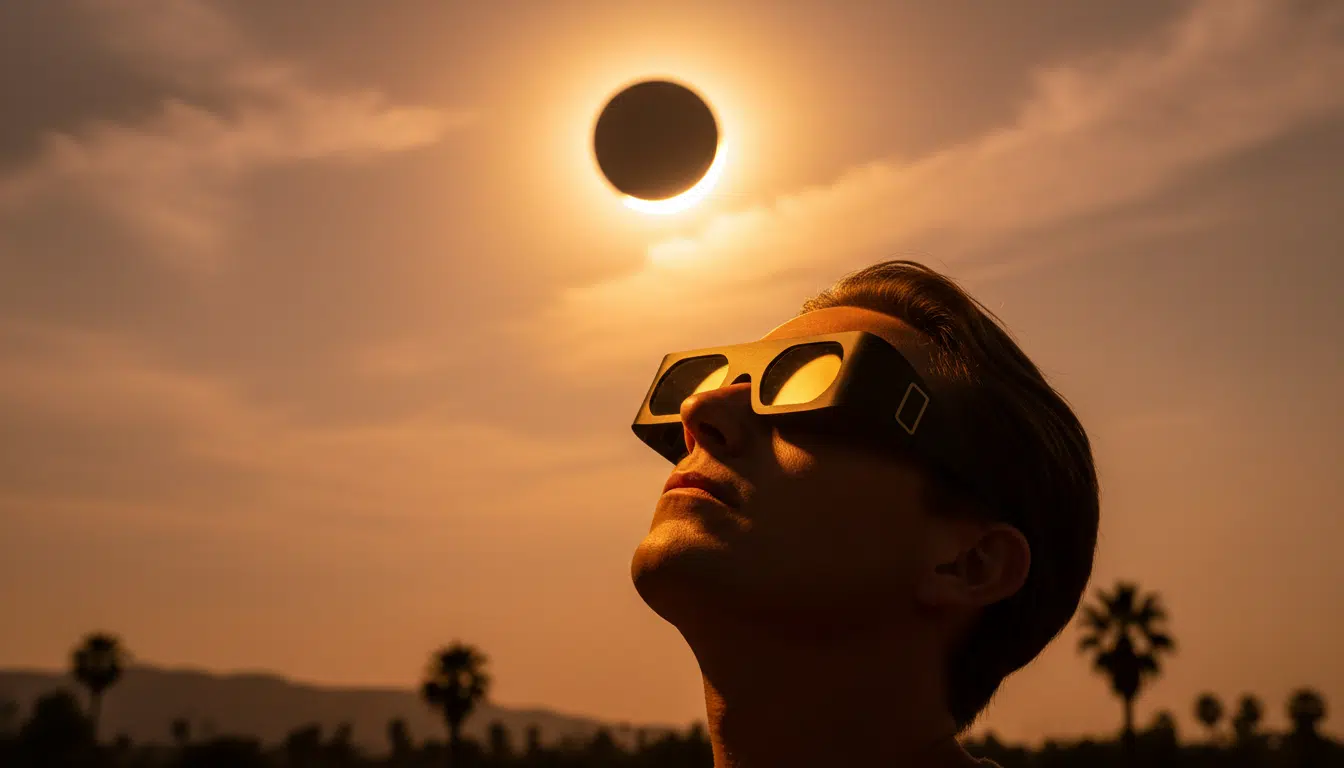 Personne portant des lunettes d'éclipse regardant le ciel