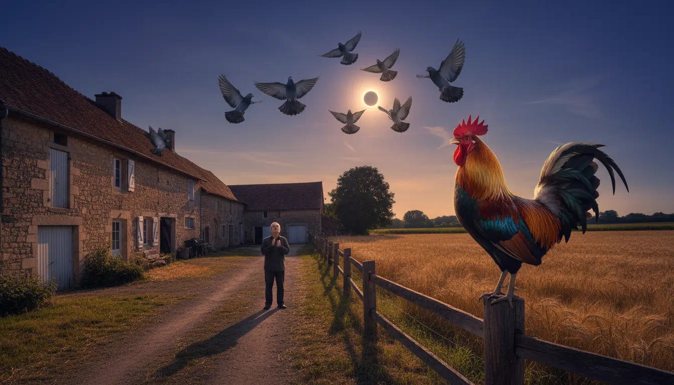 Ambiance irréelle dans une ferme française pendant une éclipse