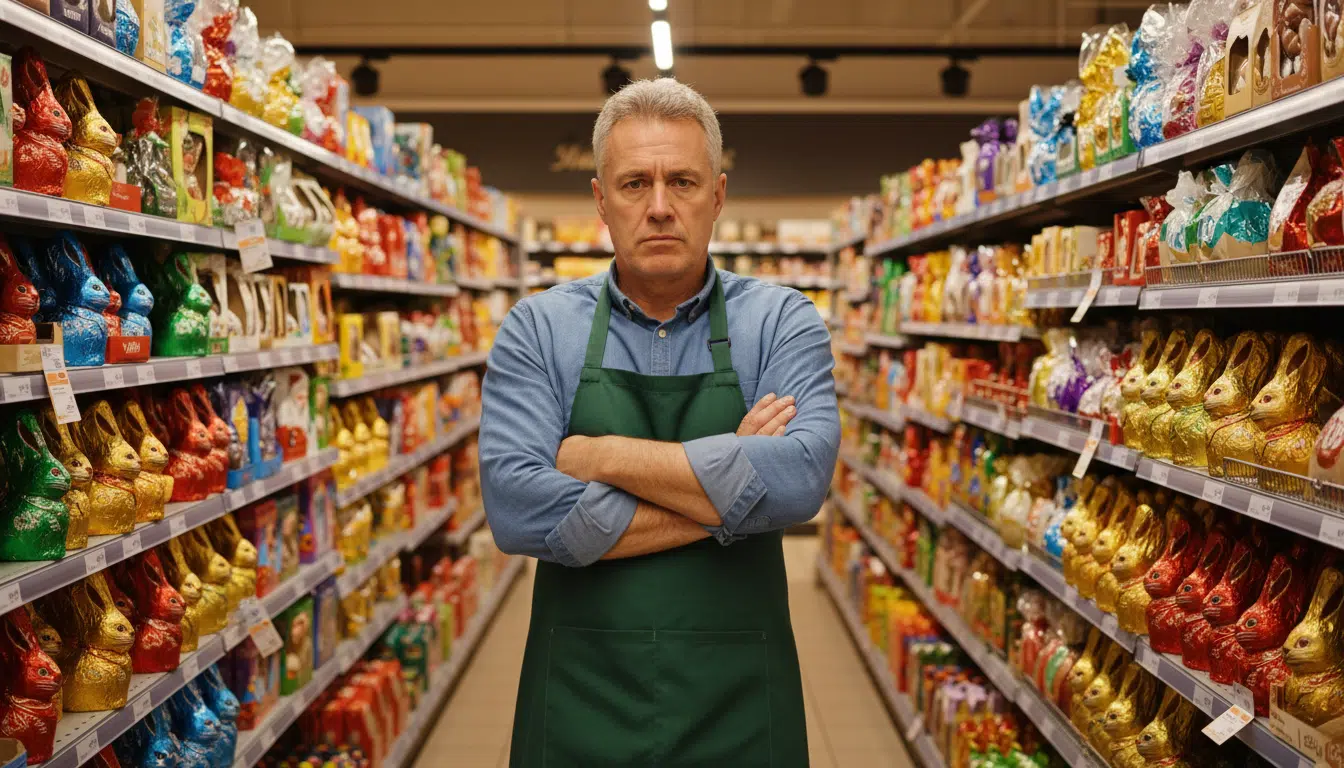 Employé de supermarché dans le rayon œufs de Pâques