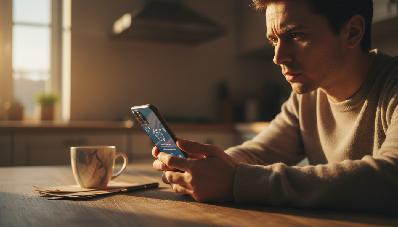 Personne inquiète consultant son application bancaire sur smartphone