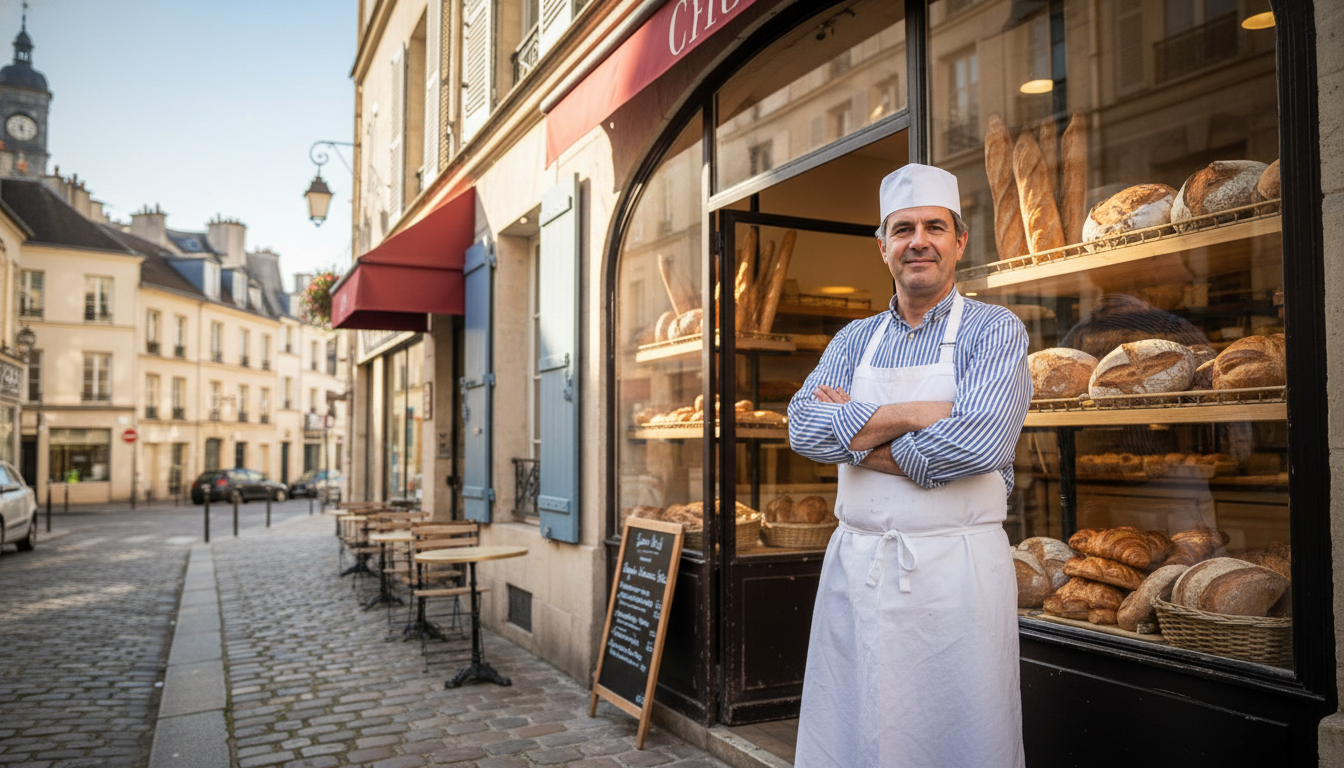 Boulanger artisan devant sa boulangerie ouverte le 1er Mai