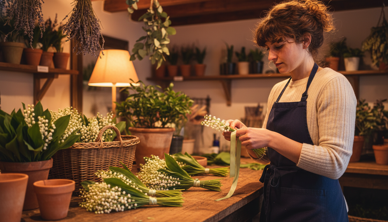 Fleuriste préparant des bouquets de muguet dans sa boutique