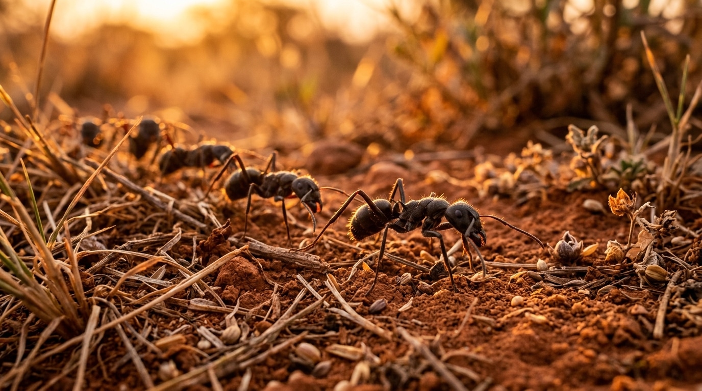 Fourmis exotiques sur un sol africain au coucher du soleil