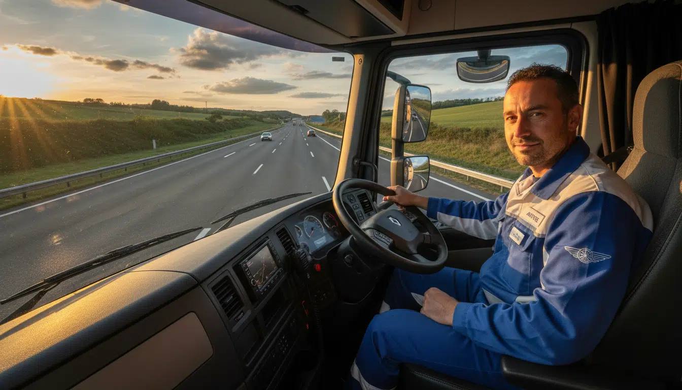 French truck driver in his late thirties sitting in the cabin of a large refrigerated truck, smiling confidently, golden hour lighting, realistic photo style, logistics company uniform, French highway visible through windshield