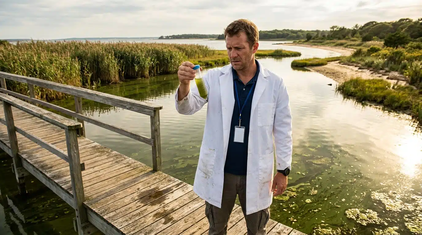 Chercheur prélevant un échantillon d'eau contaminée sur Long Island