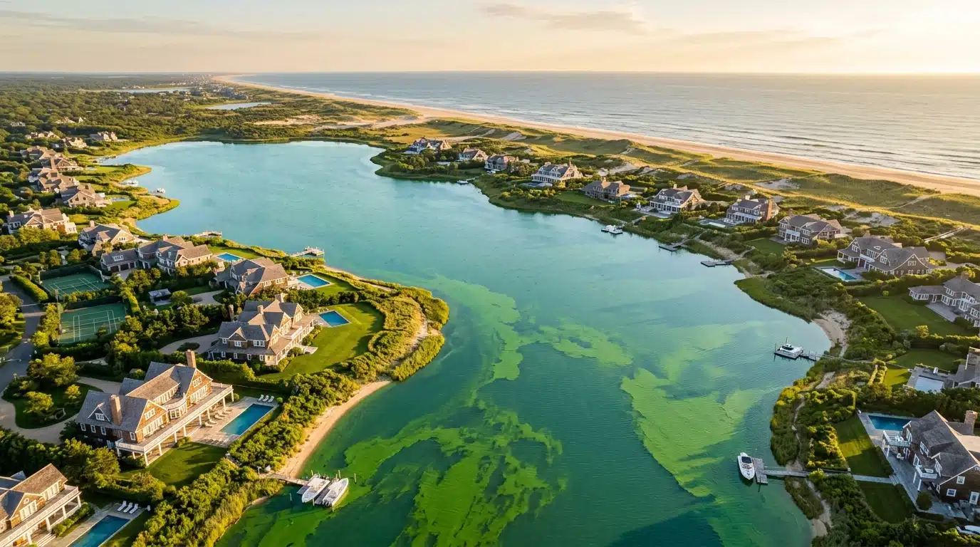 Vue aérienne d'un étang côtier de Long Island envahi par les algues