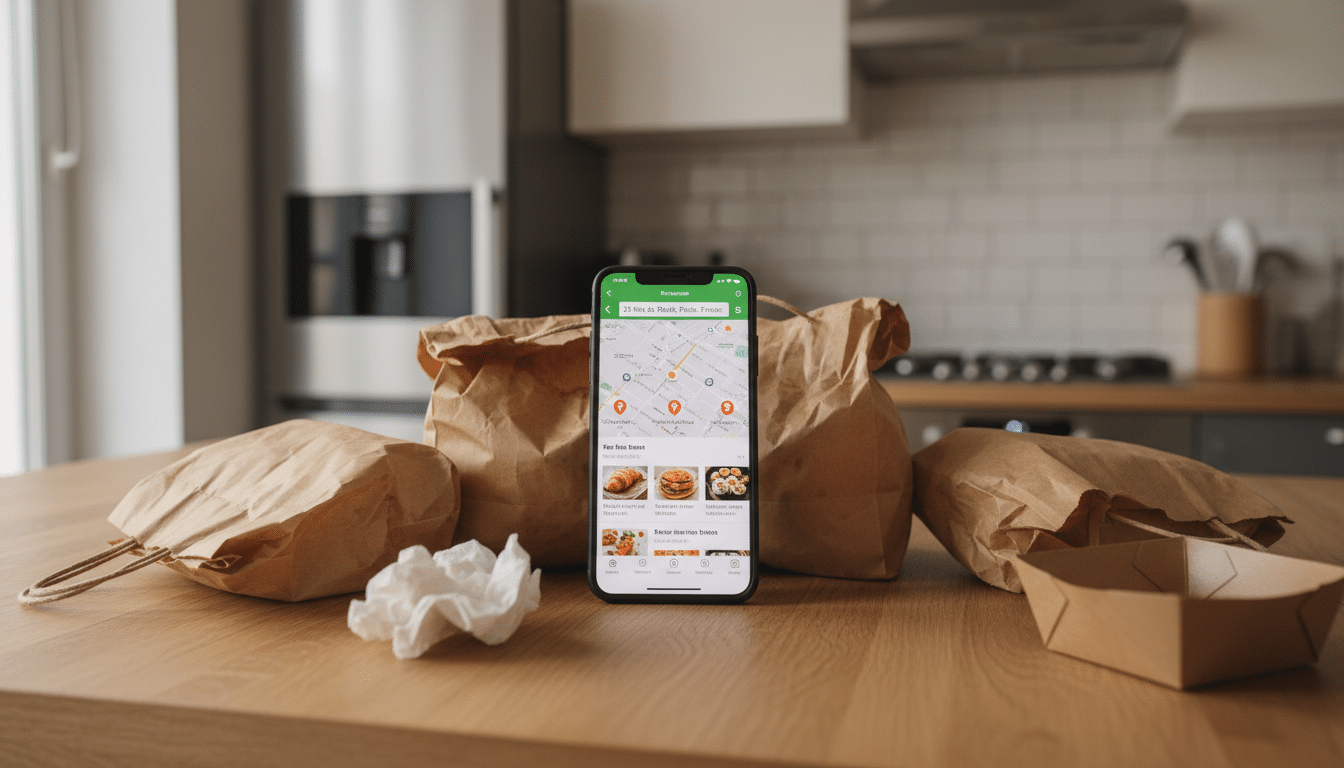 Smartphone affichant une application de livraison de repas avec une adresse parisienne, entouré de sacs de livraison