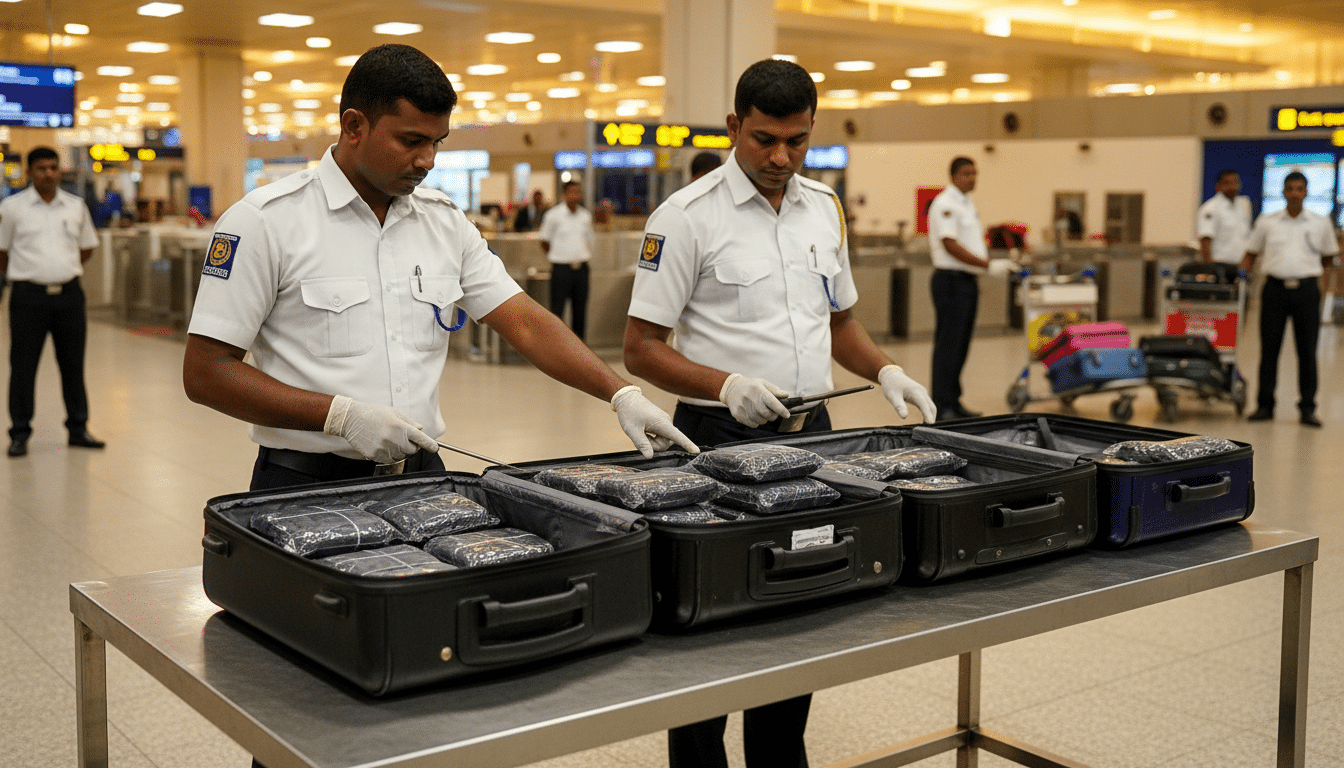 Valises ouvertes avec compartiments cachés à la douane de Colombo