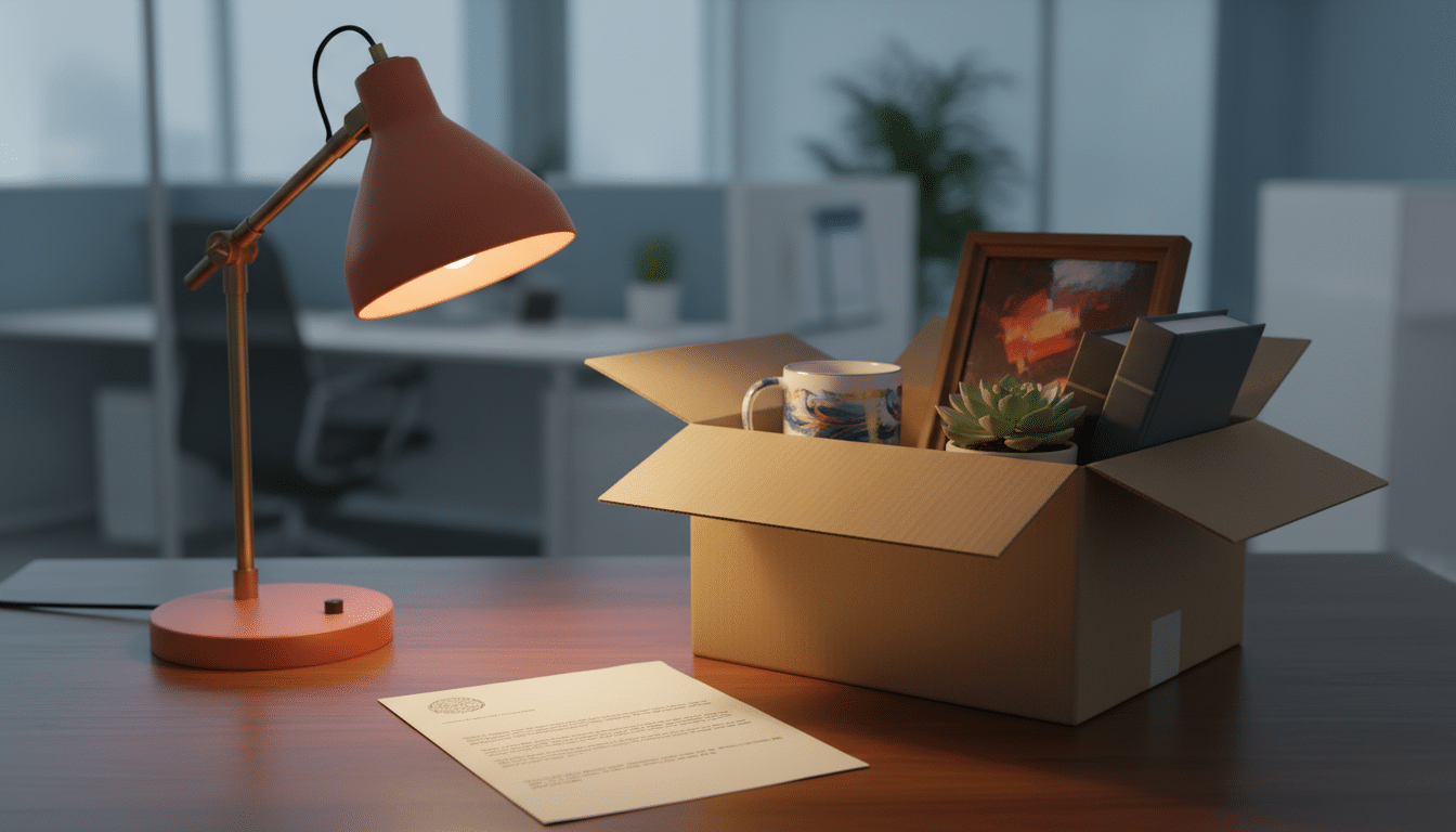 Lettre de licenciement et carton d'affaires personnelles sur un bureau