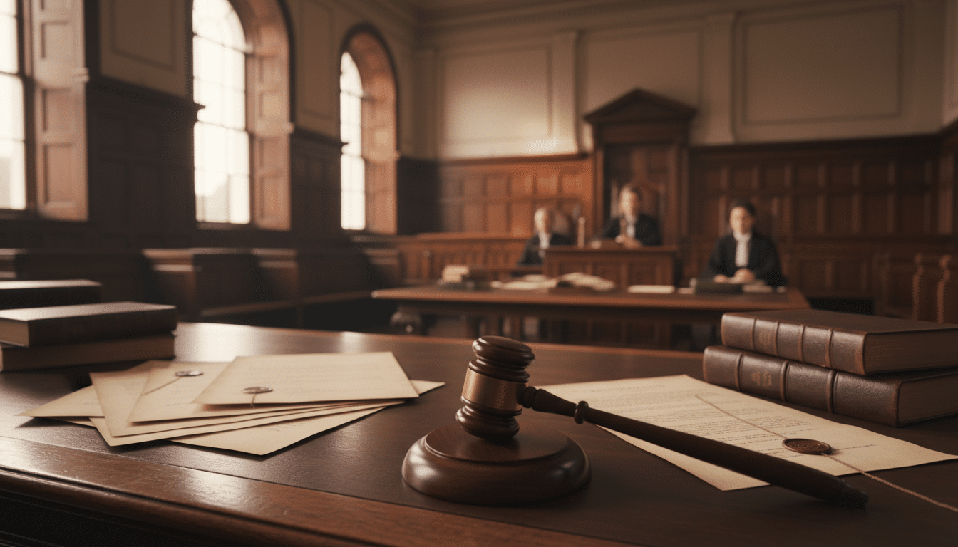 Marteau de juge dans un tribunal britannique avec documents juridiques