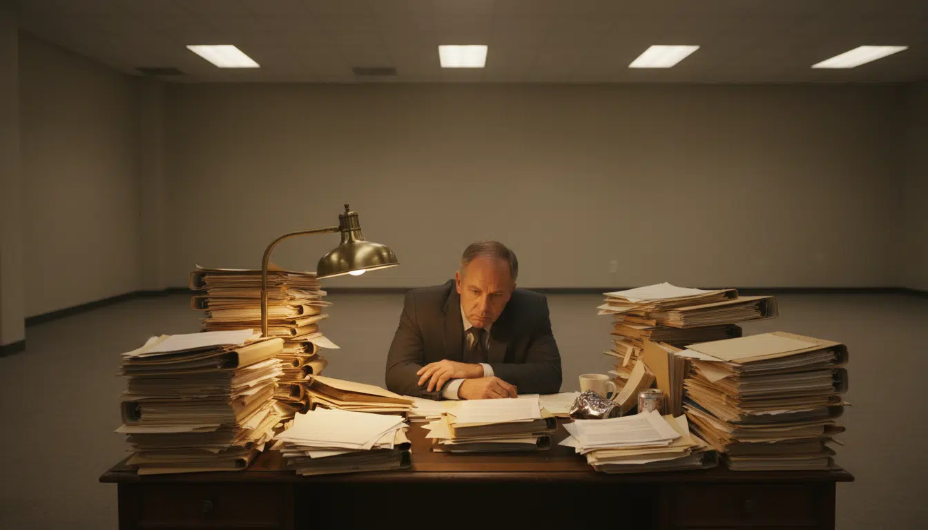 Employé fatigué seul à son bureau couvert de dossiers