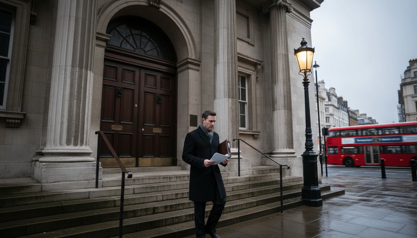 Homme sortant d'un tribunal britannique avec des documents