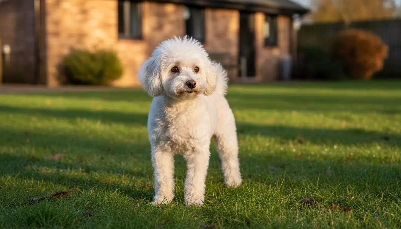 Caniche blanc toiletté découvrant l'herbe après son sauvetage