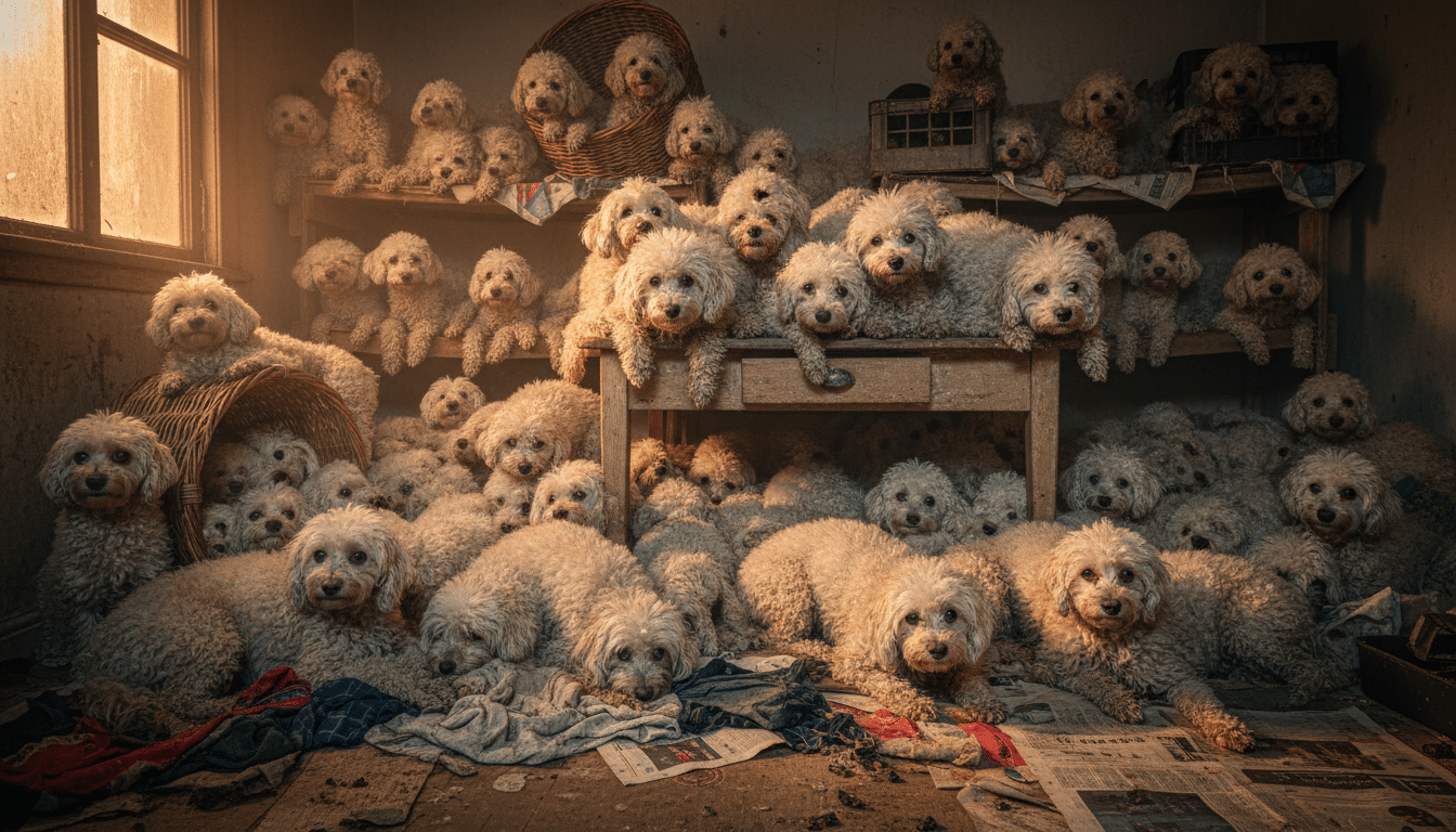 Dizaines de caniches entassés dans une pièce insalubre