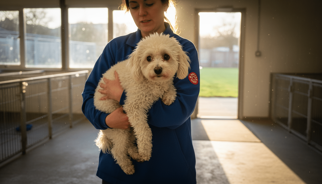 Soigneur portant un caniche terrifié vers l'extérieur