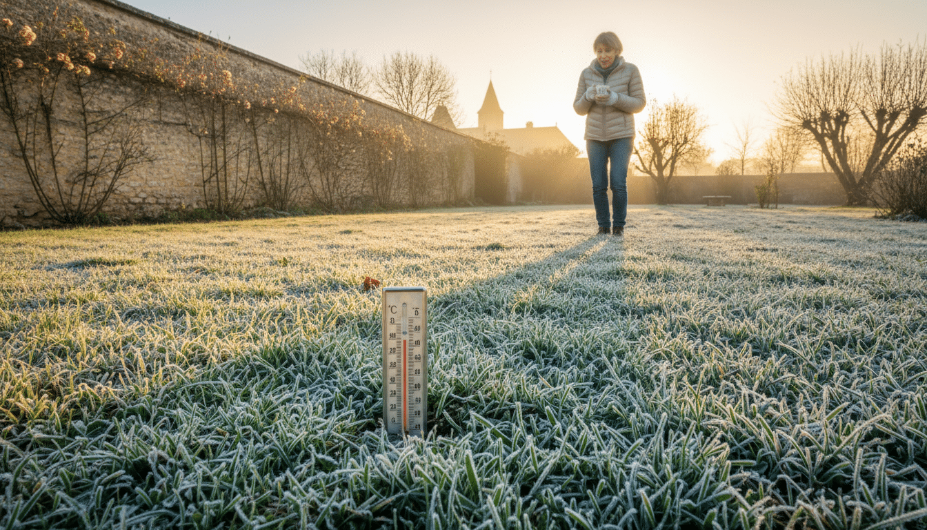 Gel matinal sur l'herbe dans la campagne française en avril