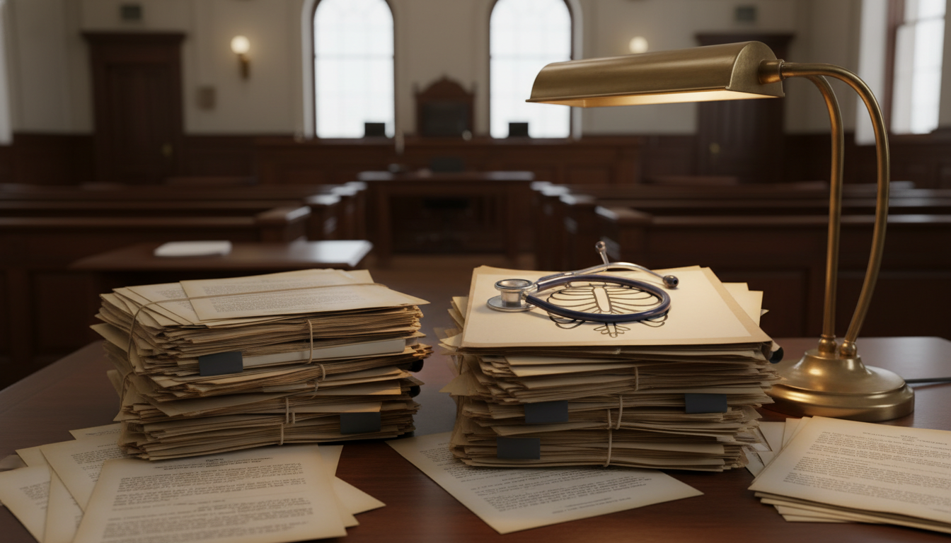 Dossiers juridiques et documents médicaux sur un bureau