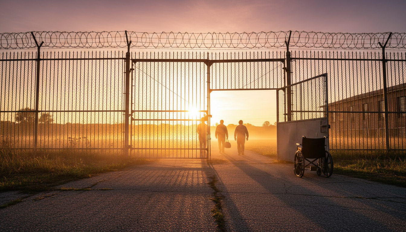 Sortie de prison américaine avec fauteuil roulant au coucher du soleil