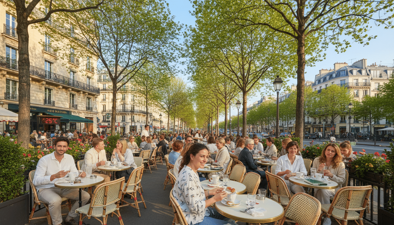 Terrasses de café parisiennes sous le soleil printanier d'avril