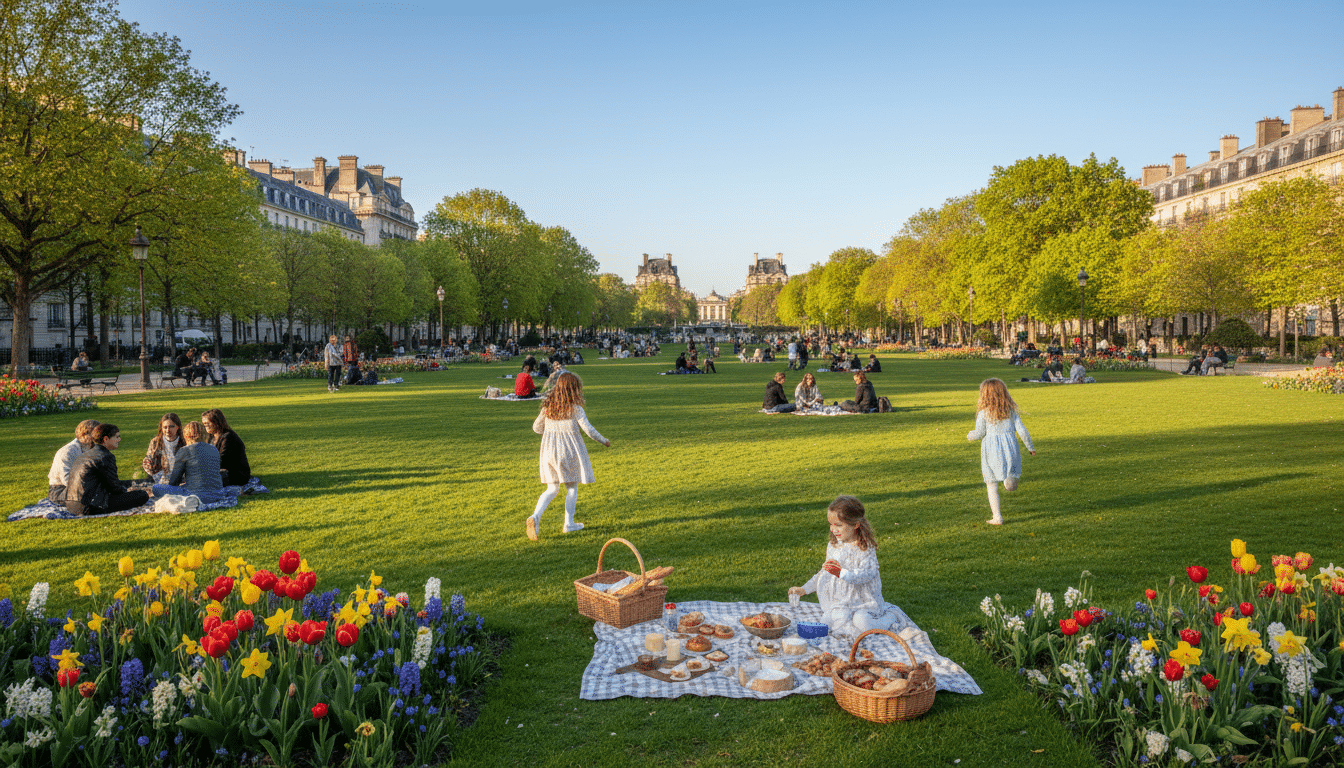 Parc ensoleillé en France un mercredi de printemps