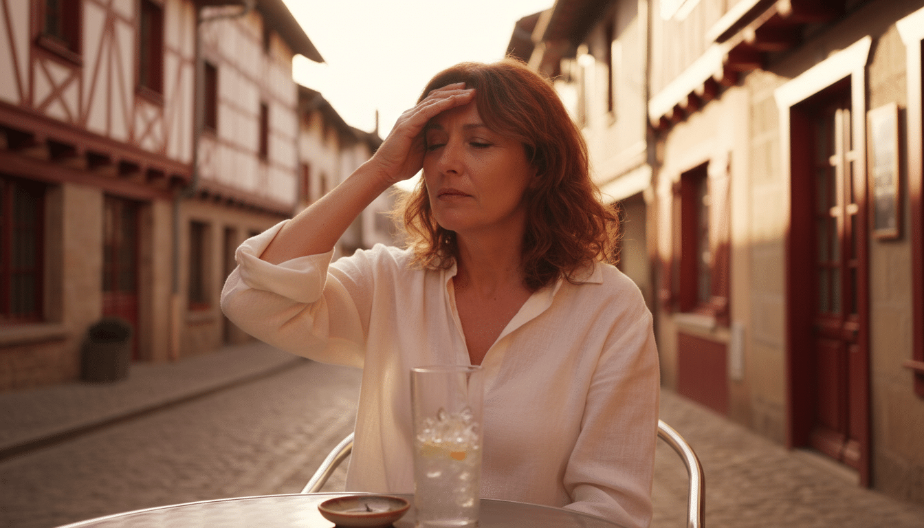 Femme en terrasse au Pays basque sous la chaleur printanière