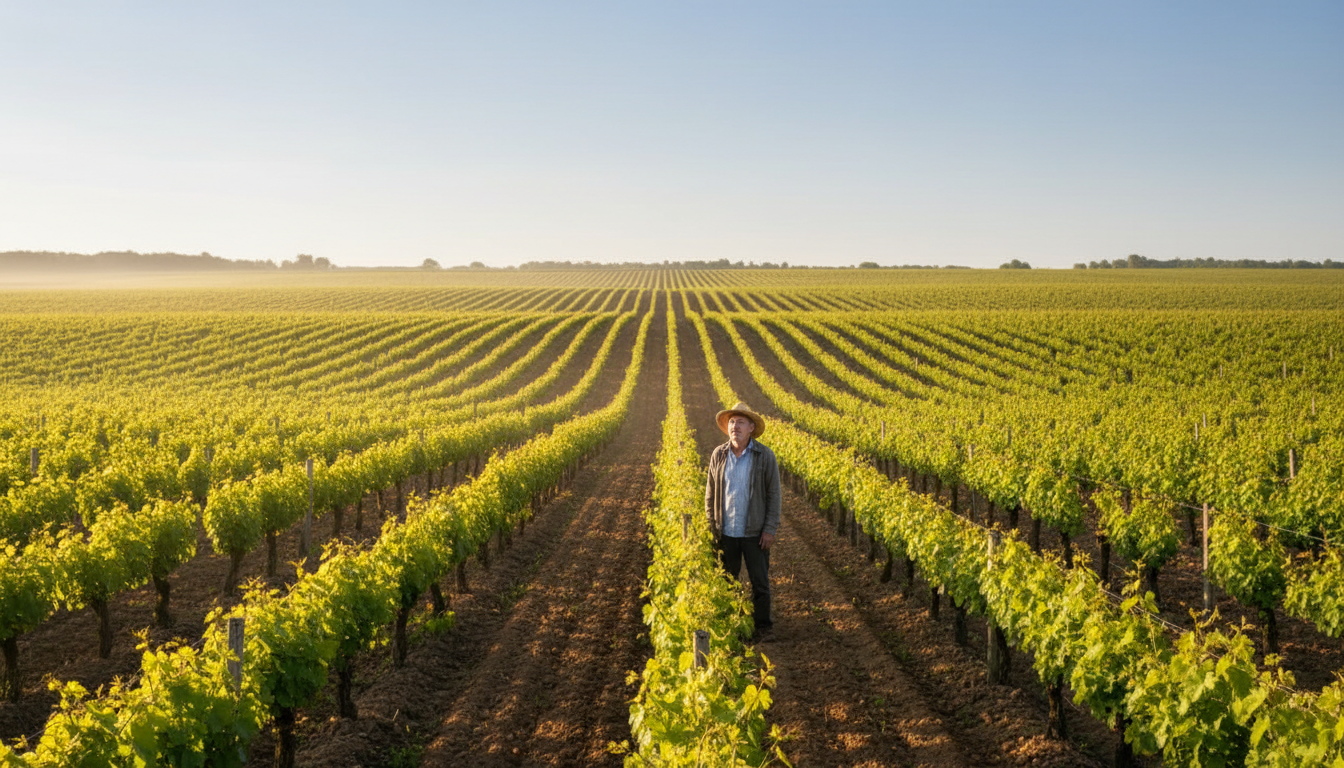 Viticulteur en Gironde sous un soleil printanier anormalement chaud