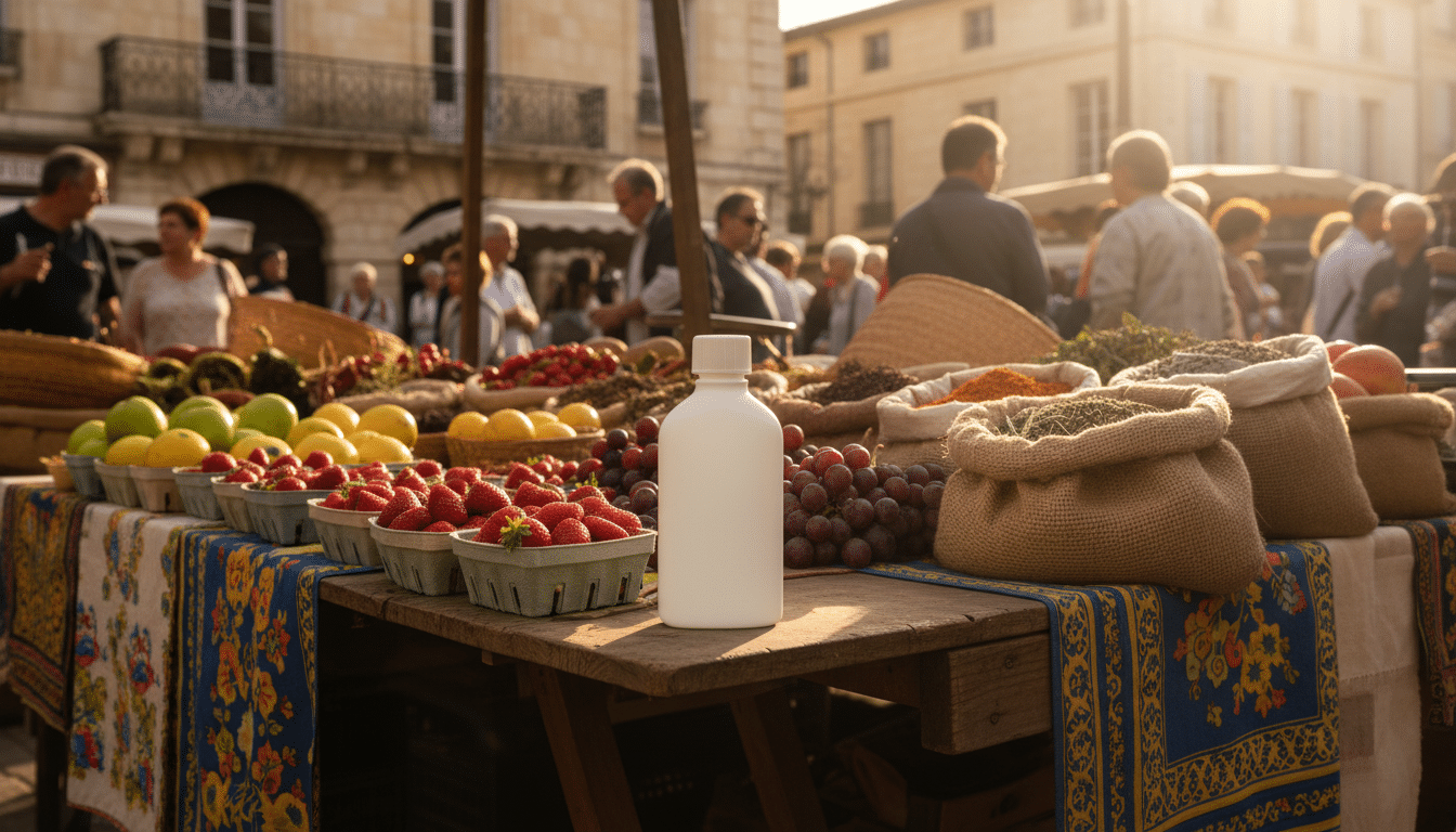 Flacon d'insecticide illégal vendu sur un marché en France