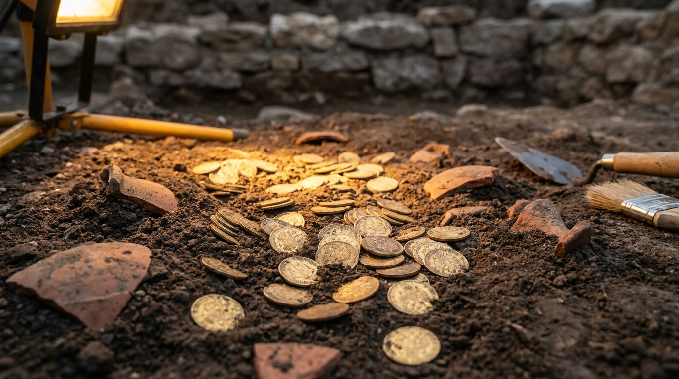 Pièces d'or impériales russes éparpillées sur le sol de fouilles