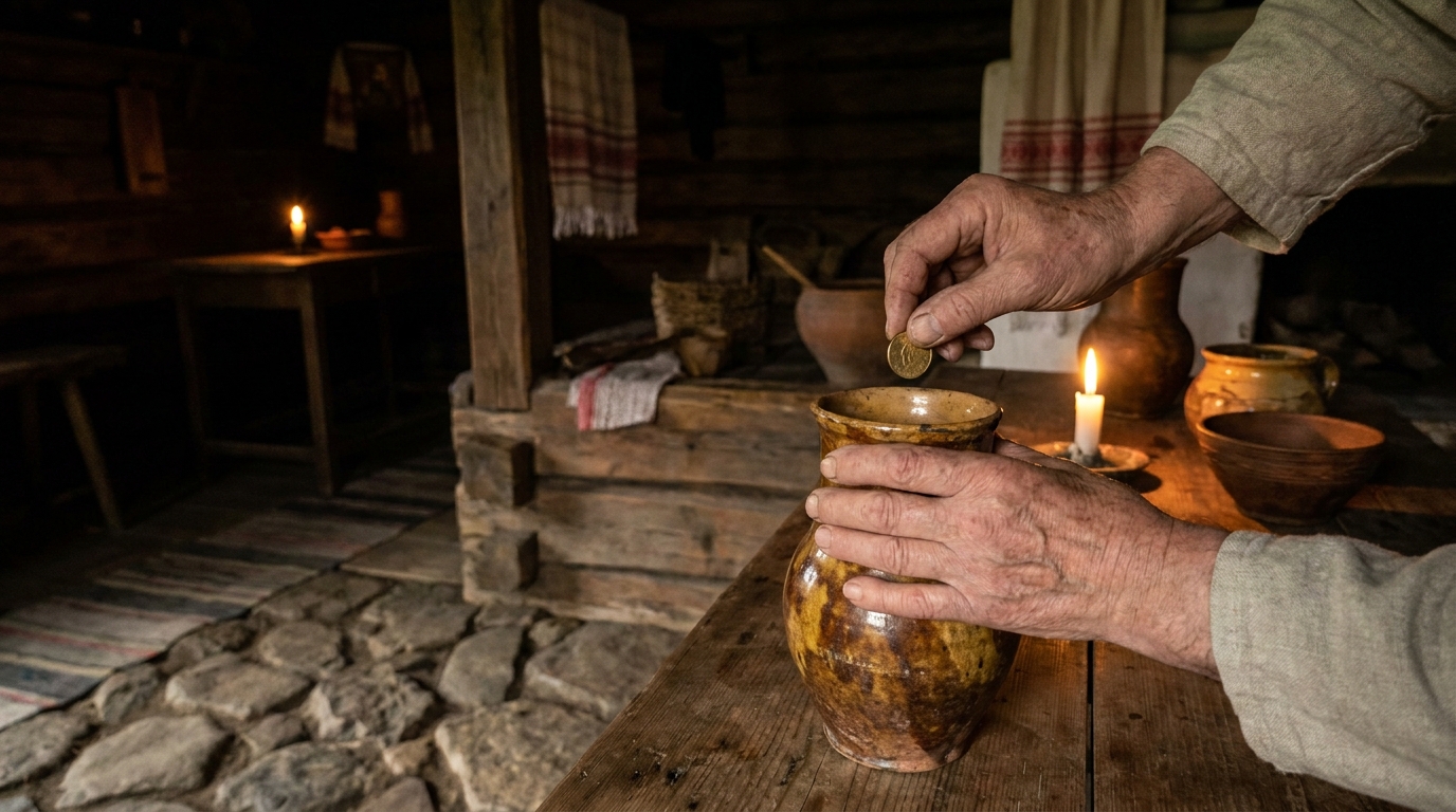 Mains cachant des pièces d'or dans une poterie en argile russe